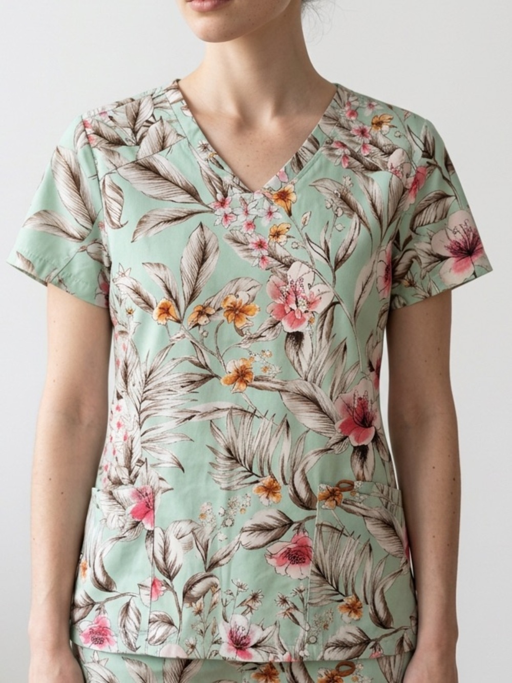 Floral Mint V-Neck Women's Scrub Short Sleeve